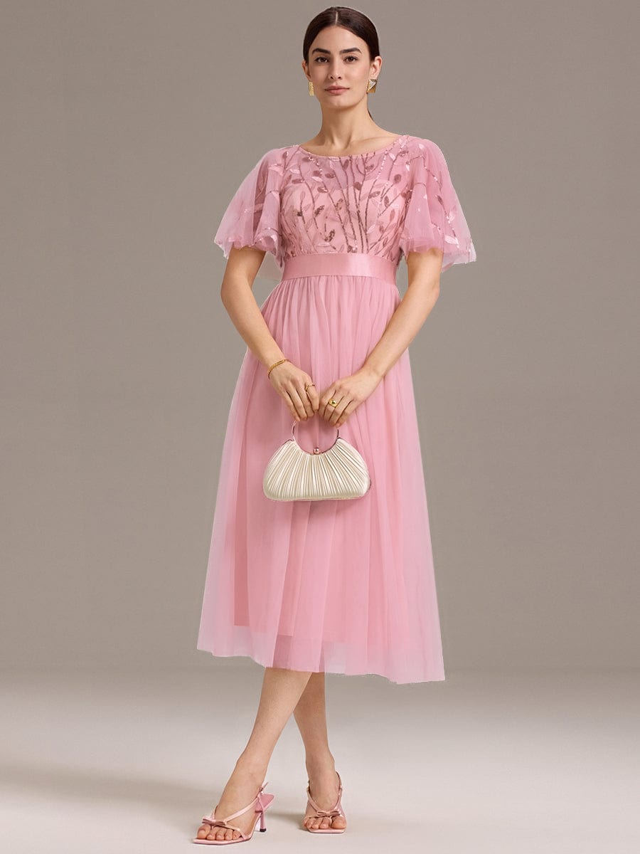 Leaf Sequin Midi Wedding Guest Dress #color_Pink