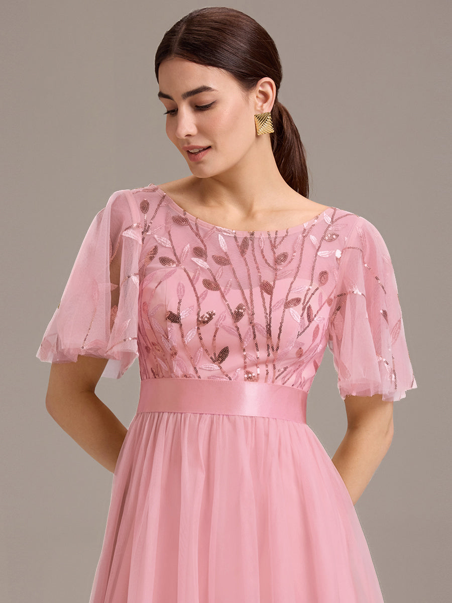 Leaf Sequin Midi Wedding Guest Dress #color_Pink