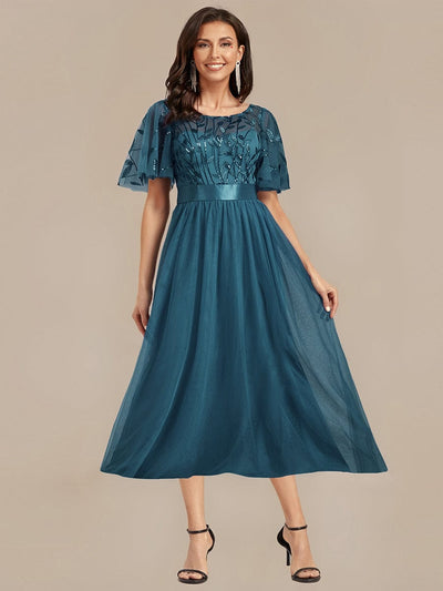 Sequin Leaf Midi Wedding Guest Dress #color_Teal