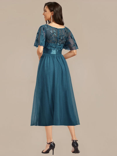 Sequin Leaf Midi Wedding Guest Dress #color_Teal