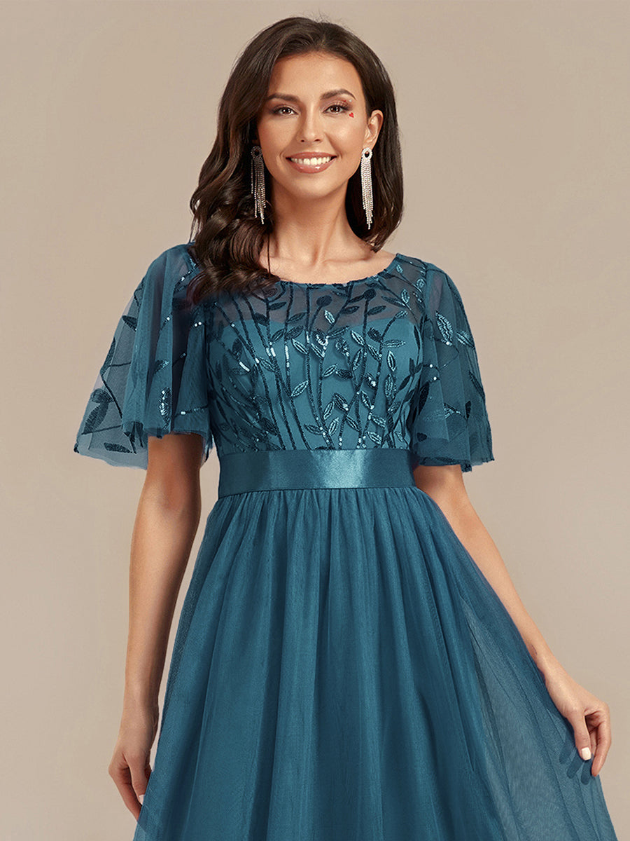 Sequin Leaf Midi Wedding Guest Dress #color_Teal