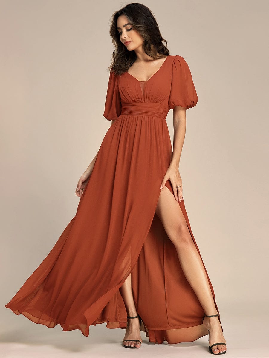 Short Sleeve V-Neck Front Slit Chiffon Evening Dress #color_Burnt Orange