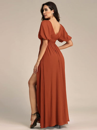 Short Sleeve V-Neck Front Slit Chiffon Evening Dress #color_Burnt Orange