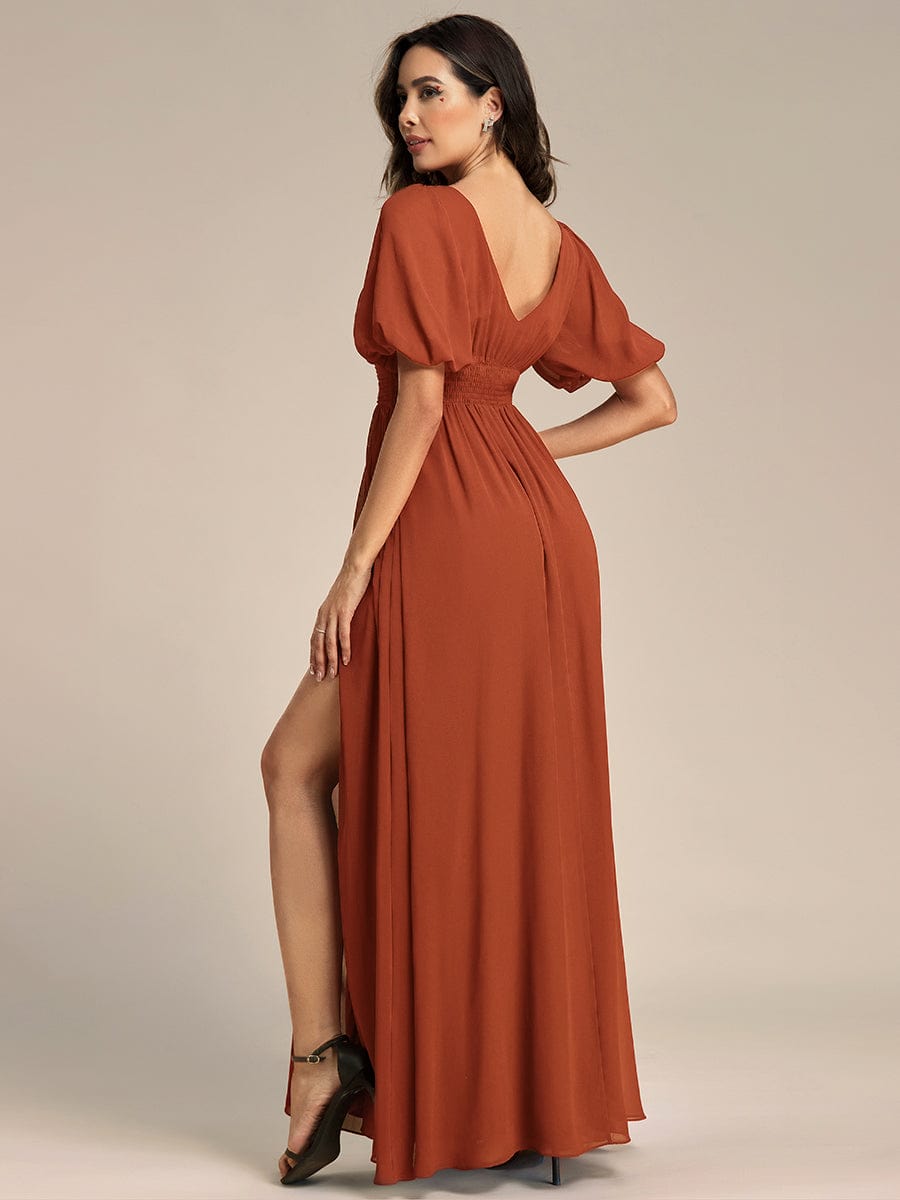 Short Sleeve V-Neck Front Slit Chiffon Evening Dress #color_Burnt Orange