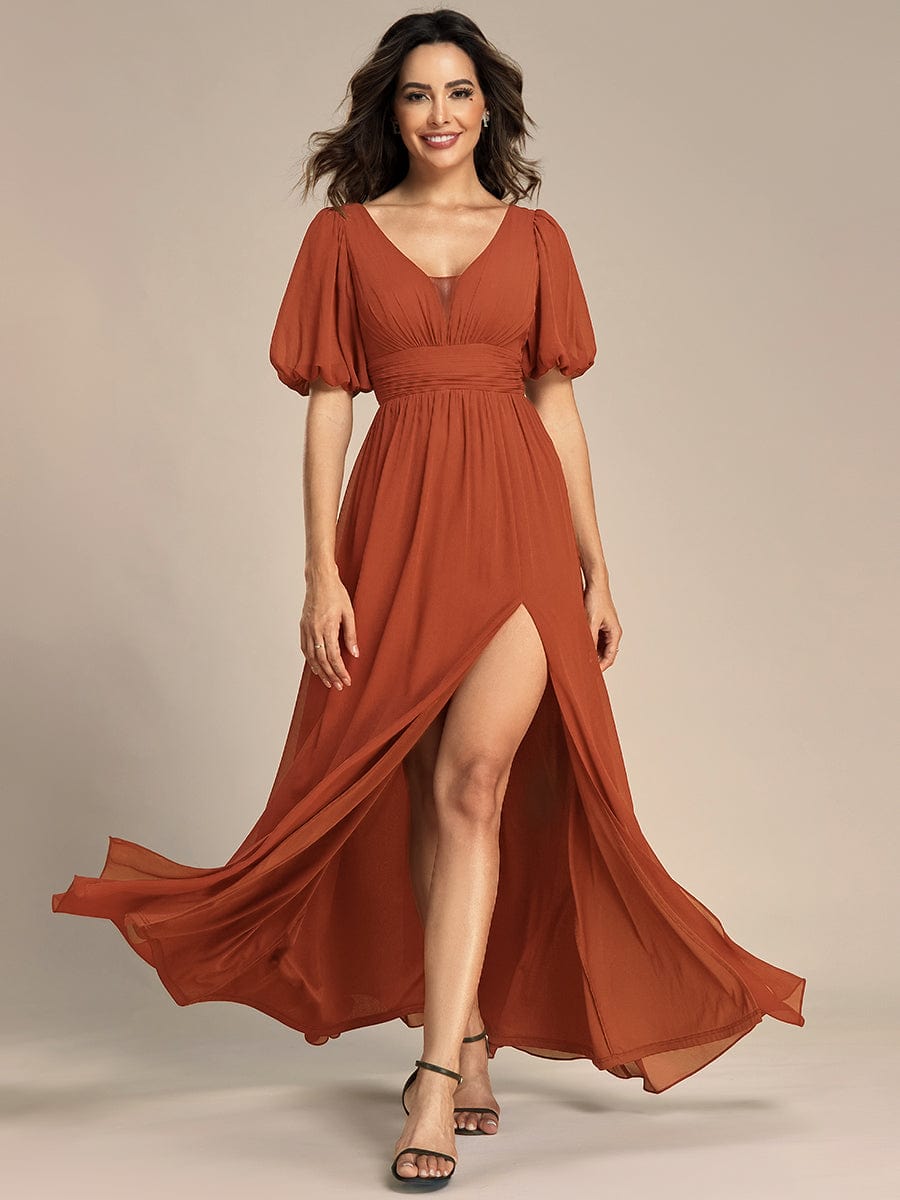 Short Sleeve V-Neck Front Slit Chiffon Evening Dress #color_Burnt Orange