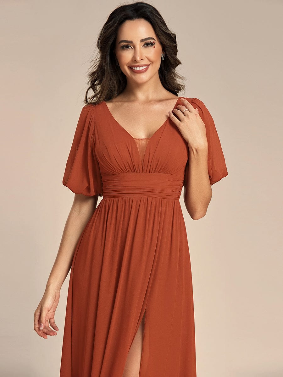 Short Sleeve V-Neck Front Slit Chiffon Evening Dress #color_Burnt Orange