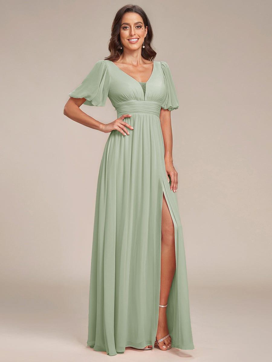 Short Sleeve V-Neck Front Slit Chiffon Evening Dress #color_Mint Green