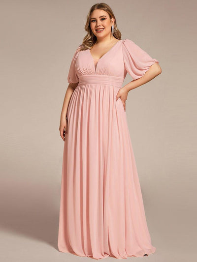 Short Sleeve V-Neck Front Slit Chiffon Evening Dress #Color_Pink