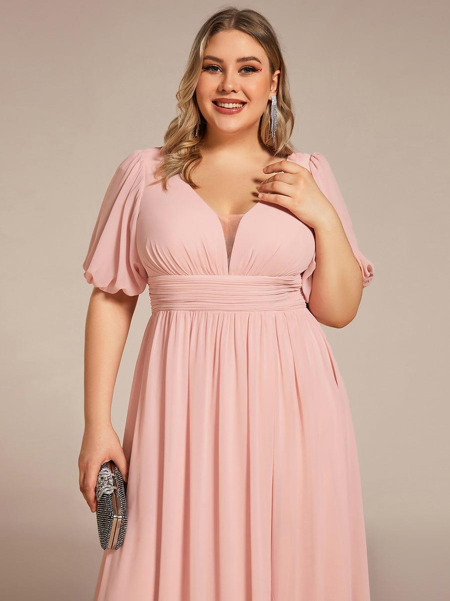 Short Sleeve V-Neck Front Slit Chiffon Evening Dress #Color_Pink