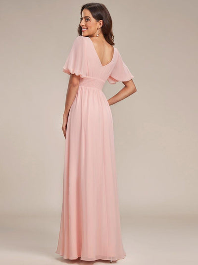 Short Sleeve V-Neck Front Slit Chiffon Evening Dress #Color_Pink