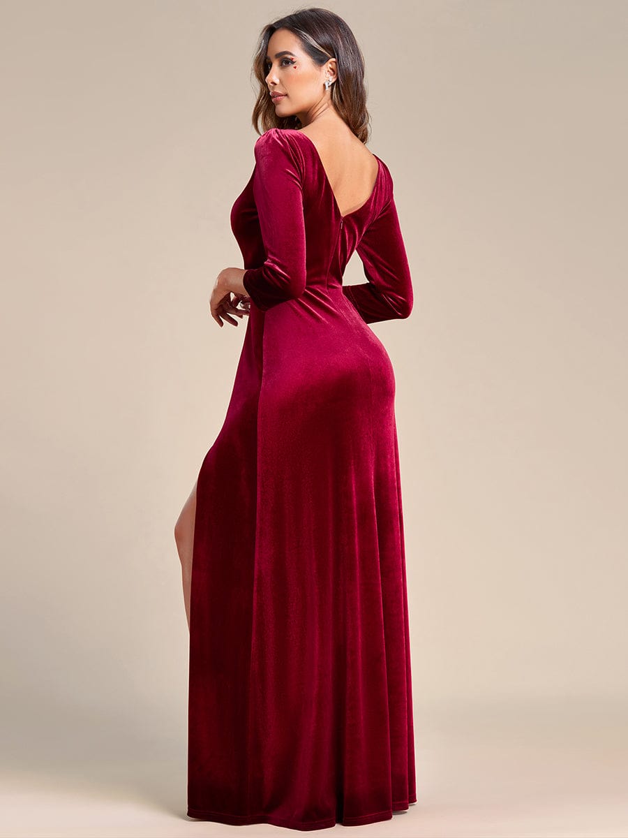 Velvet Plunging V-Neck Front Slit 3/4 Sleeve A-Line Evening Dress #Color_Burgundy