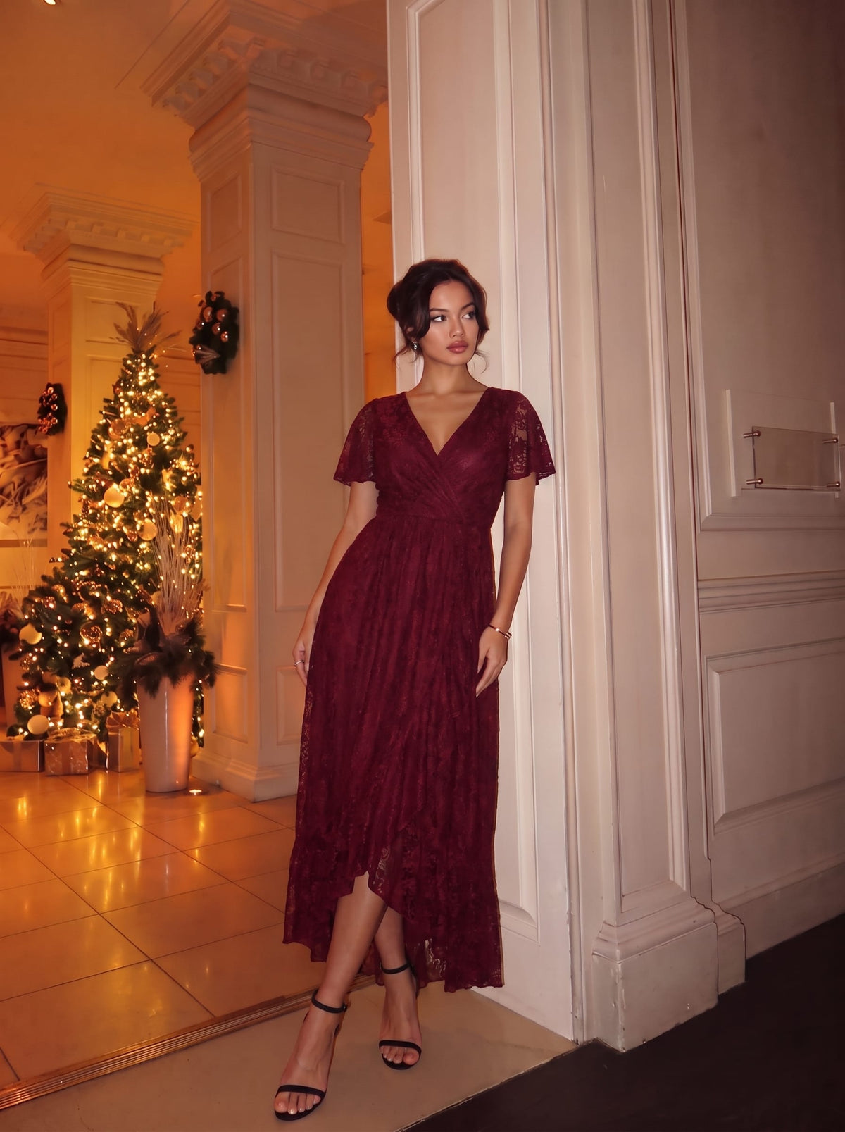 V-Neck Short Sleeve Pleated Ruffled Lace Evening Dress #Color_Burgundy