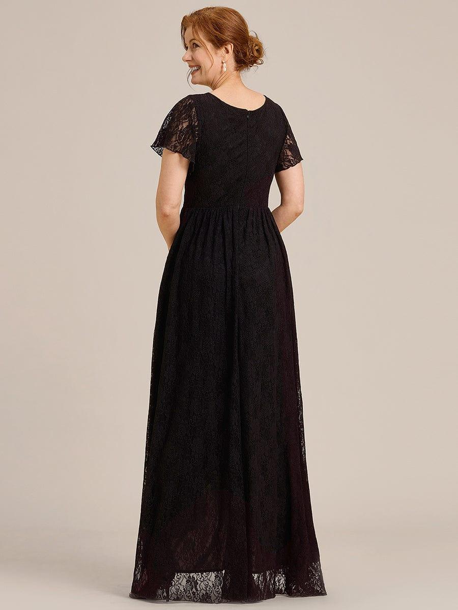 V-Neck Short Sleeve Pleated Ruffled Lace Evening Dress #color_Black