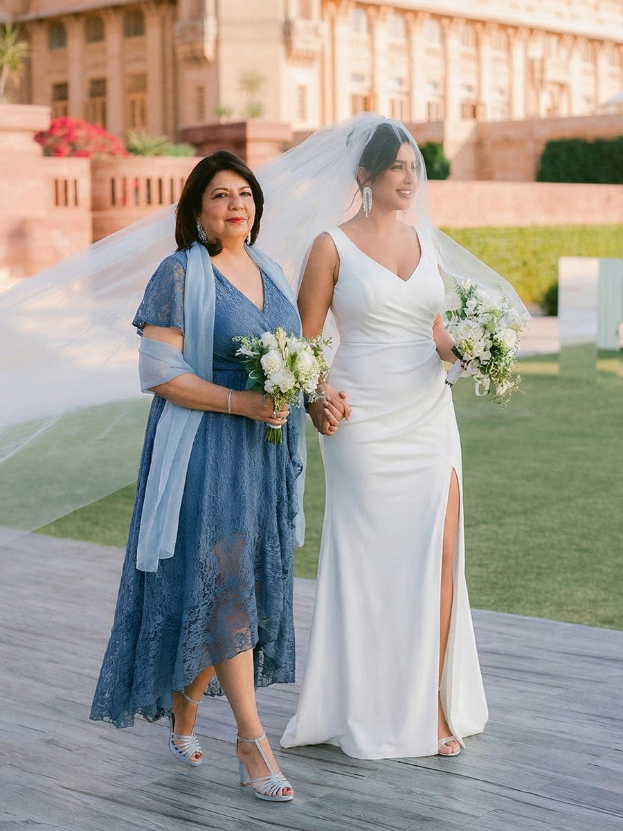 V-Neck Short Sleeve Pleated Ruffled Lace Evening Dress #color_Dusty Blue