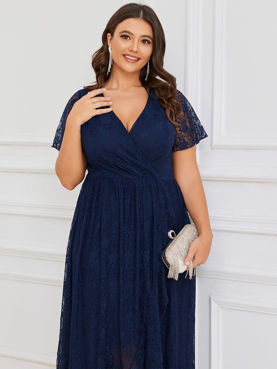 V-Neck Short Sleeve Pleated Ruffled Lace Wedding Guest Dress #Color_Navy Blue