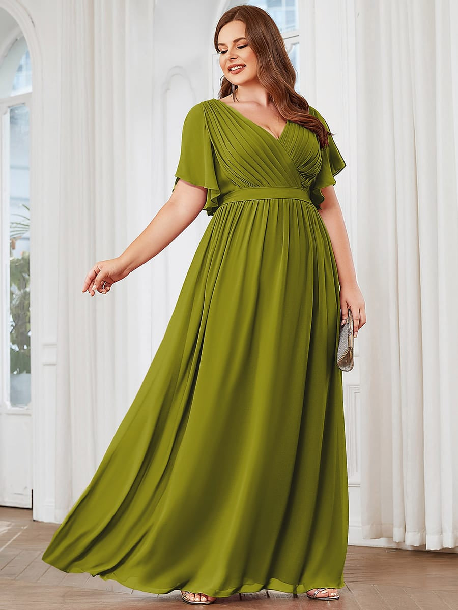 V-Neck Flutter Sleeve Floor-Length A-Line Chiffon Evening Dress #color_Citron