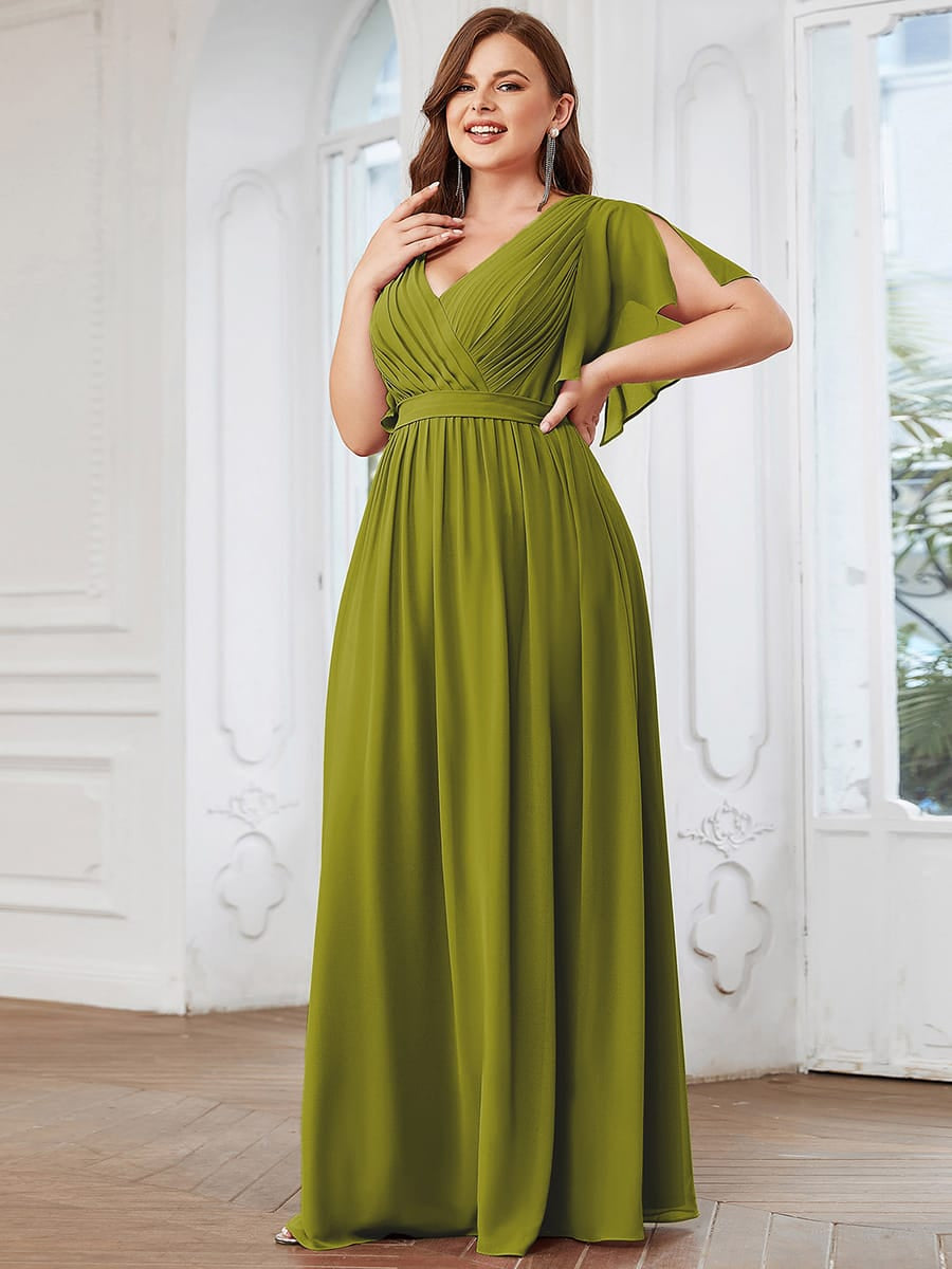 V-Neck Flutter Sleeve Floor-Length A-Line Chiffon Evening Dress #color_Citron