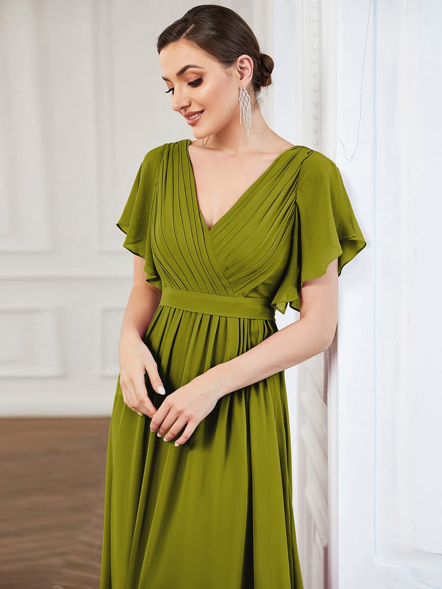 V-Neck Flutter Sleeve Floor-Length A-Line Chiffon Bridesmaid Dress #color_Citron