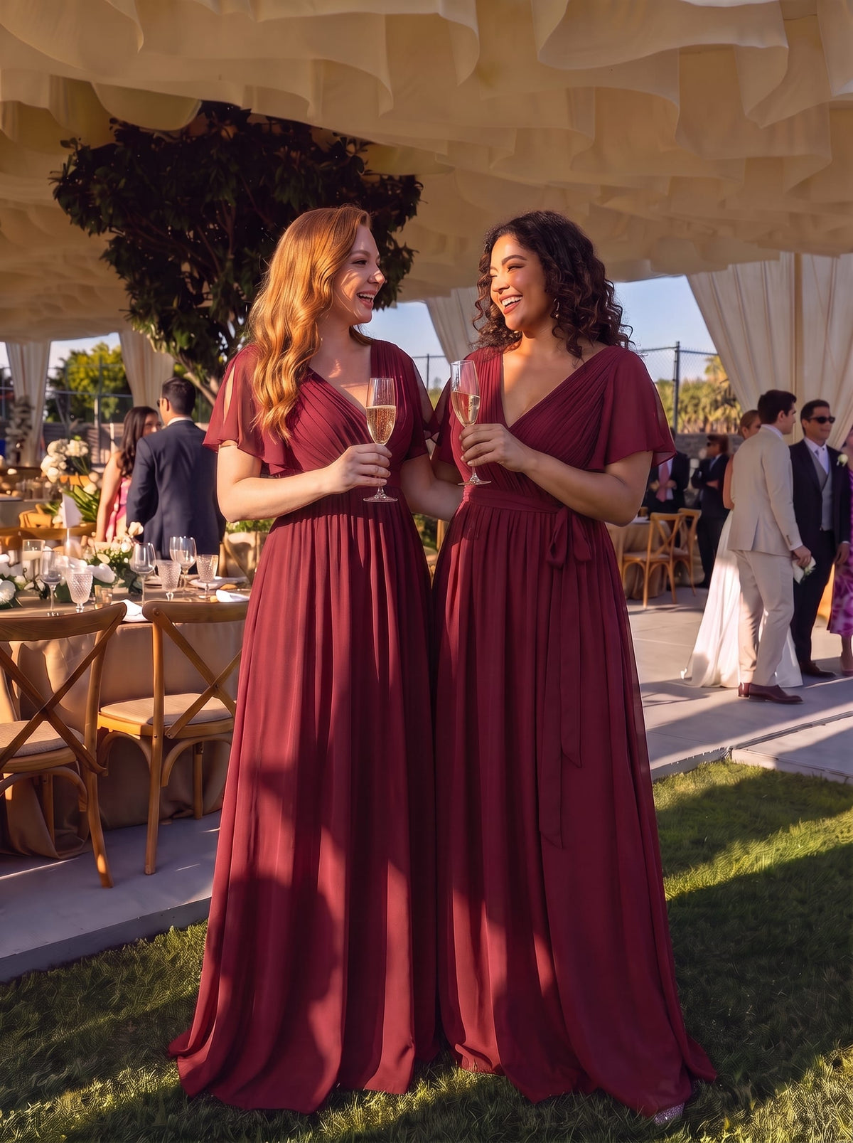 V-Neck Flutter Sleeve Floor-Length A-Line Chiffon Evening Dress #color_Burgundy
