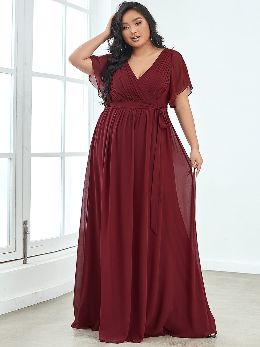 V-Neck Flutter Sleeve Floor-Length A-Line Chiffon Evening Dress #color_Burgundy