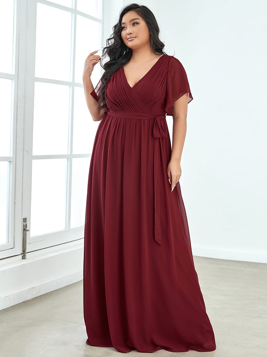 V-Neck Flutter Sleeve Floor-Length A-Line Chiffon Evening Dress #color_Burgundy