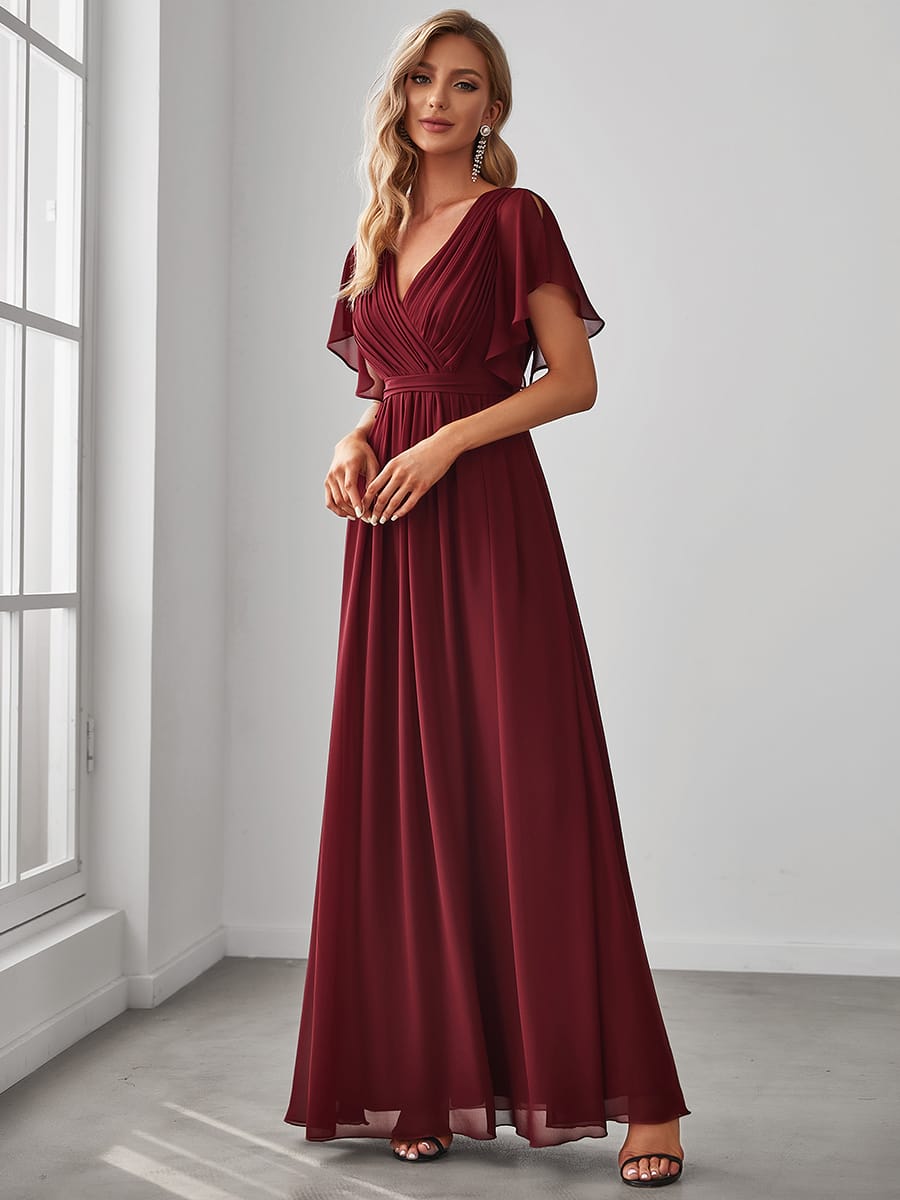 V-Neck Flutter Sleeve Floor-Length A-Line Chiffon Evening Dress #color_Burgundy