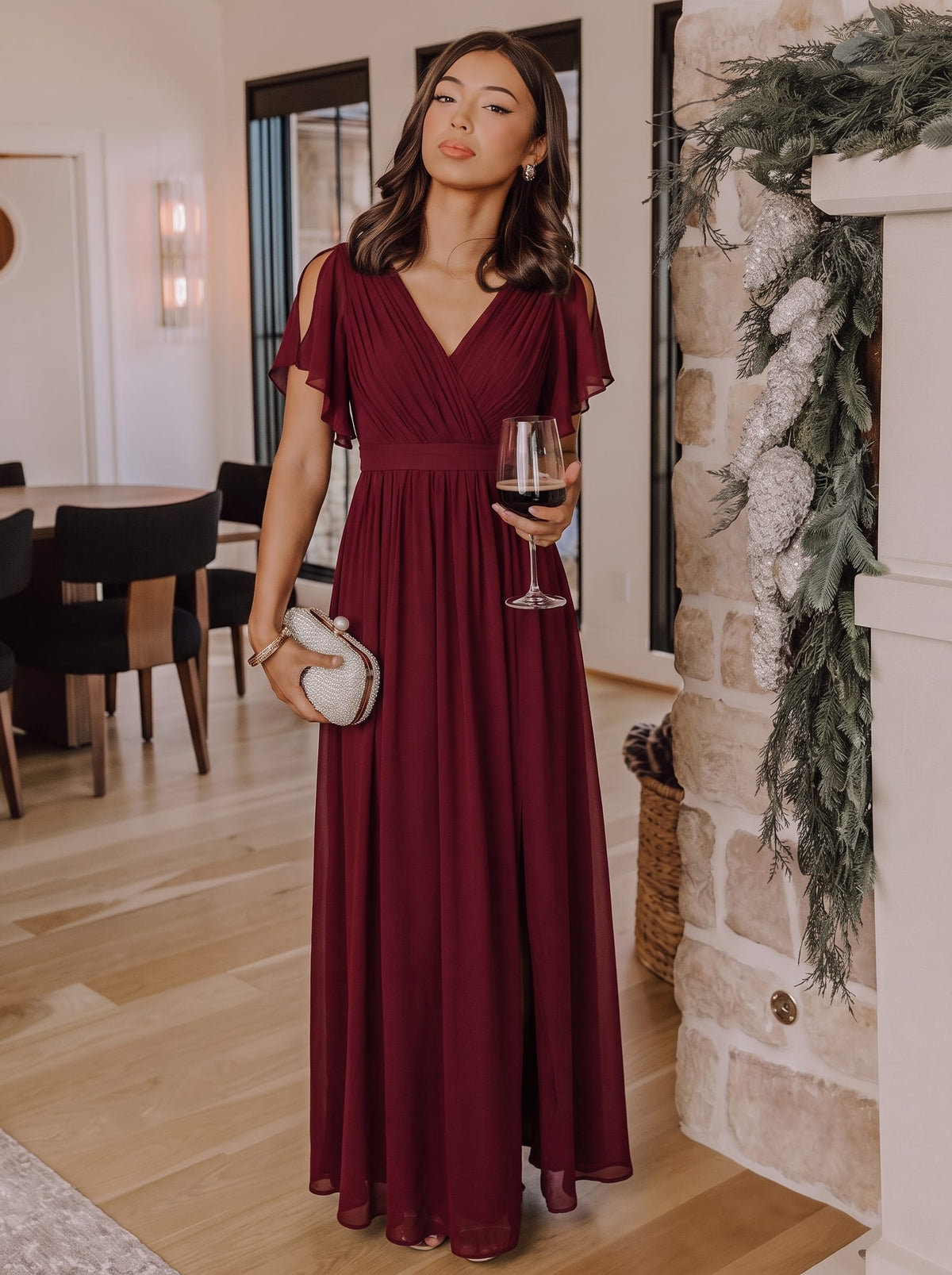 V-Neck Flutter Sleeve Floor-Length A-Line Chiffon Evening Dress #color_Burgundy