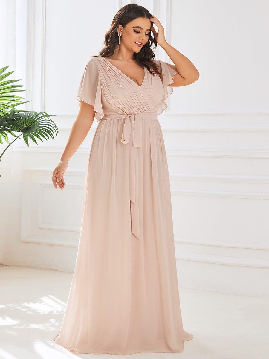 V-Neck Flutter Sleeve Floor-Length A-Line Chiffon Evening Dress #color_Blush