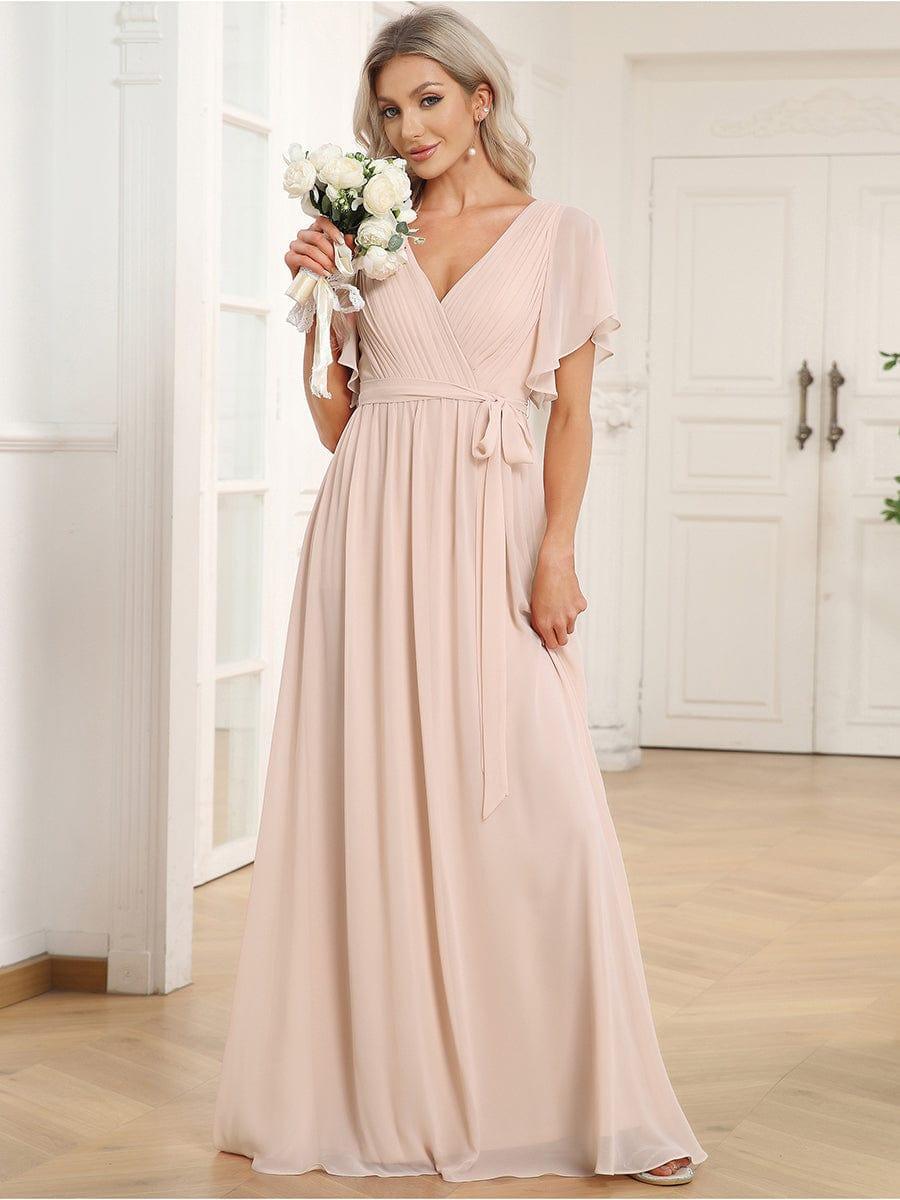 V-Neck Flutter Sleeve Floor-Length A-Line Chiffon Evening Dress #color_Blush