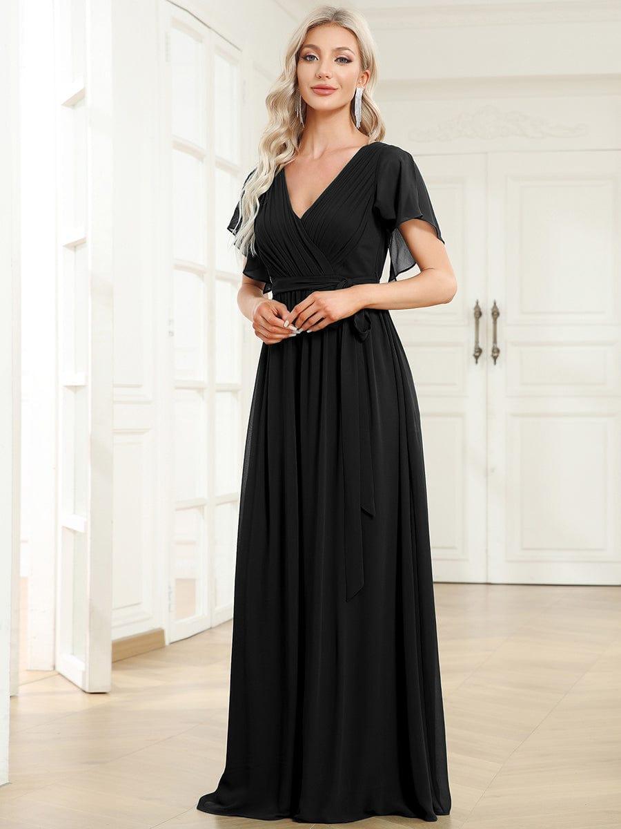 V-Neck Flutter Sleeve Floor-Length A-Line Chiffon Evening Dress #color_Black