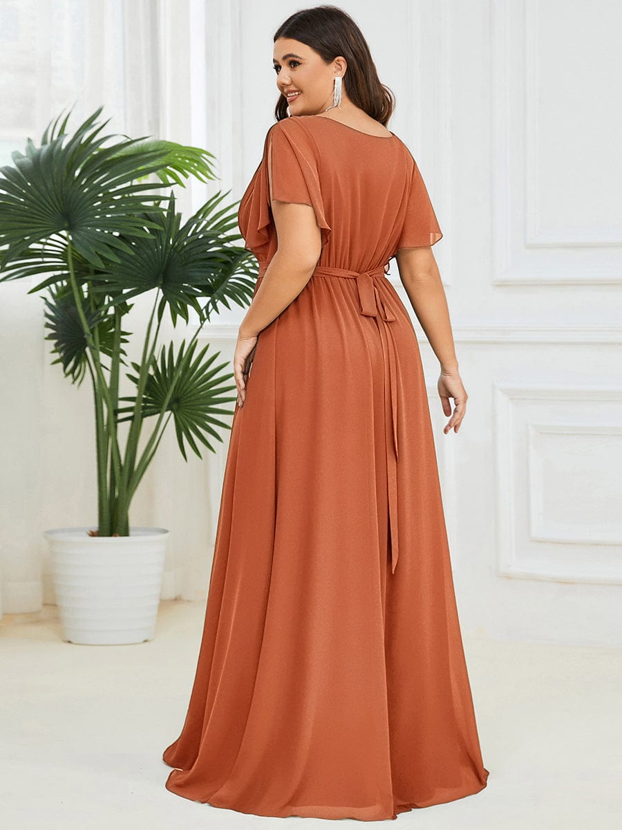 V-Neck Flutter Sleeve Floor-Length A-Line Chiffon Evening Dress #color_Brandied Melon