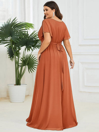 V-Neck Flutter Sleeve Floor-Length A-Line Chiffon Evening Dress #color_Brandied Melon