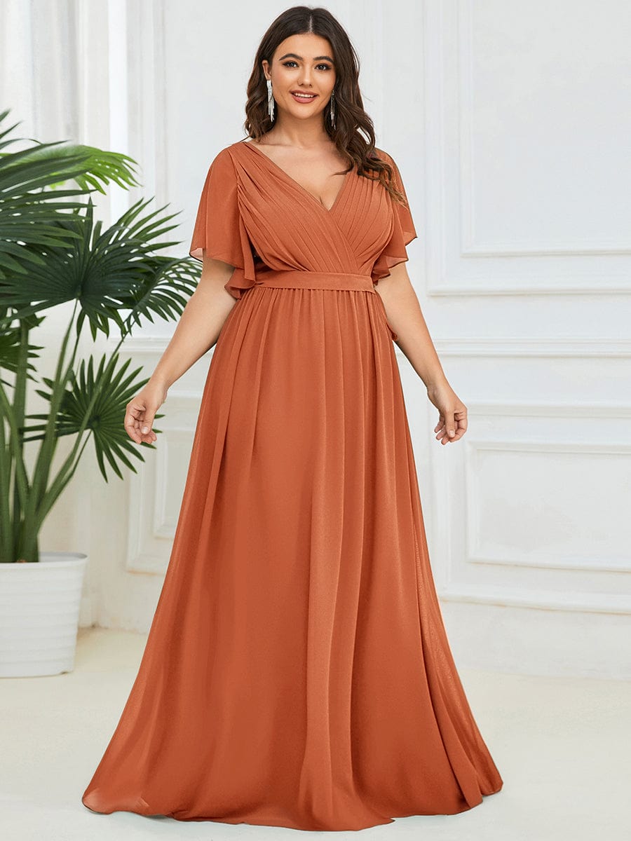 V-Neck Flutter Sleeve Floor-Length A-Line Chiffon Evening Dress #color_Brandied Melon