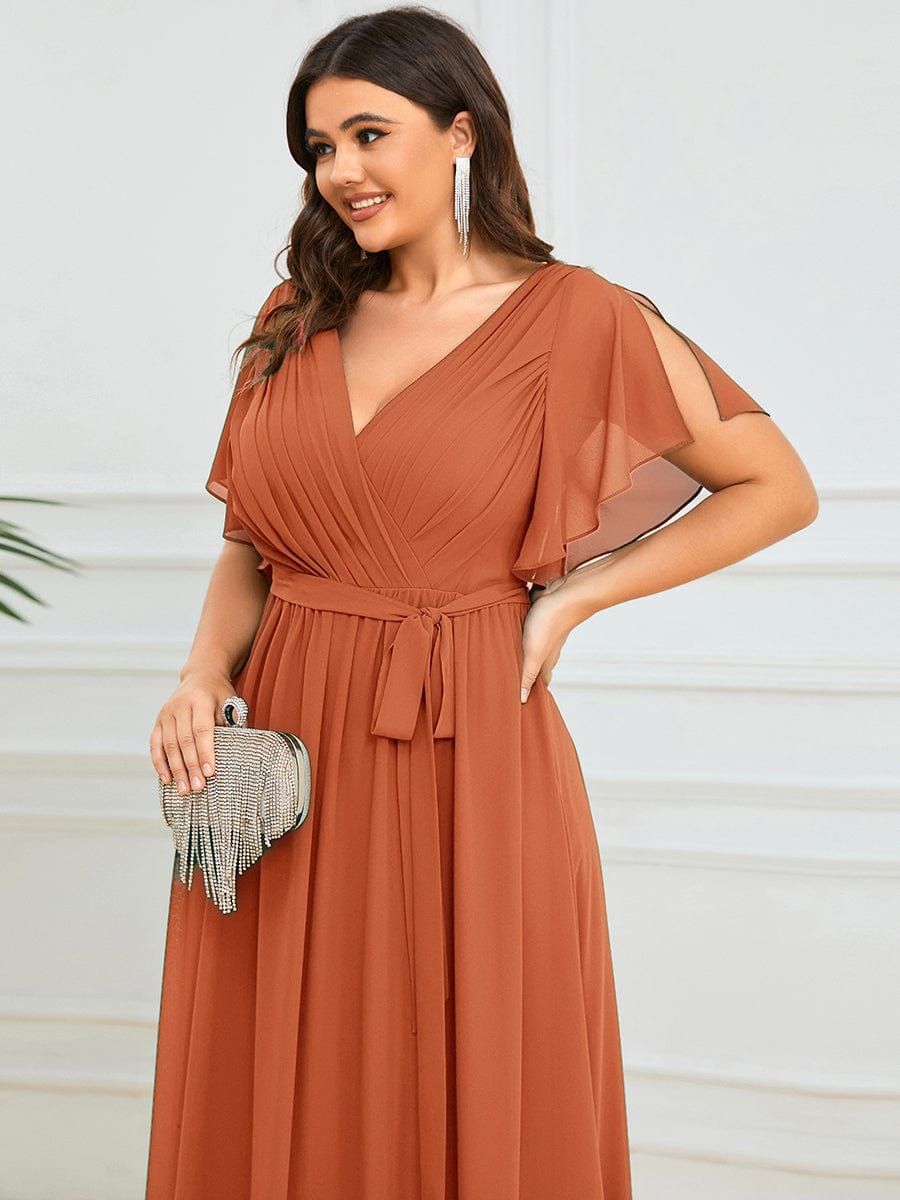 V-Neck Flutter Sleeve Floor-Length A-Line Chiffon Evening Dress #color_Brandied Melon