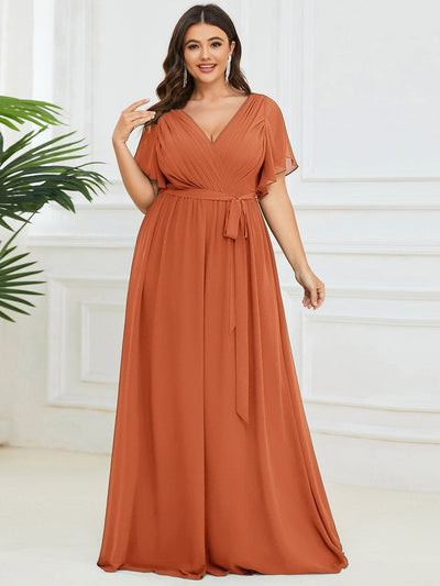 V-Neck Flutter Sleeve Floor-Length A-Line Chiffon Evening Dress #color_Brandied Melon