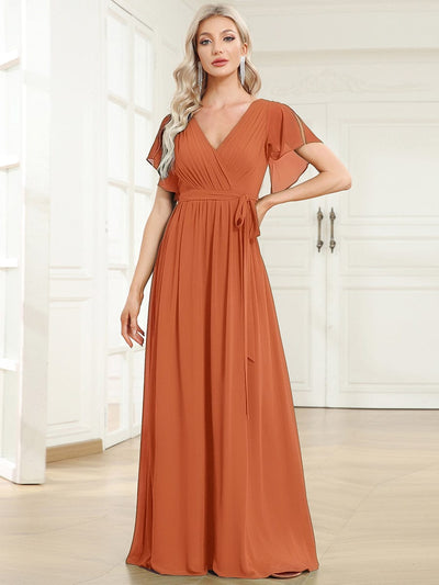 V-Neck Flutter Sleeve Floor-Length A-Line Chiffon Evening Dress #color_Brandied Melon
