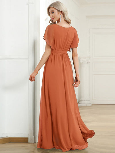 V-Neck Flutter Sleeve Floor-Length A-Line Chiffon Evening Dress #color_Brandied Melon