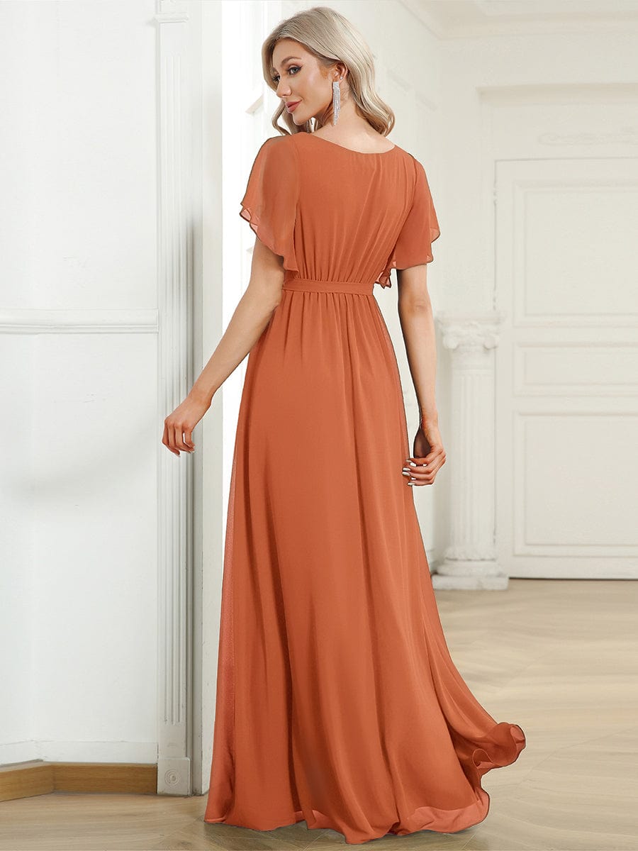 V-Neck Flutter Sleeve Floor-Length A-Line Chiffon Evening Dress #color_Brandied Melon