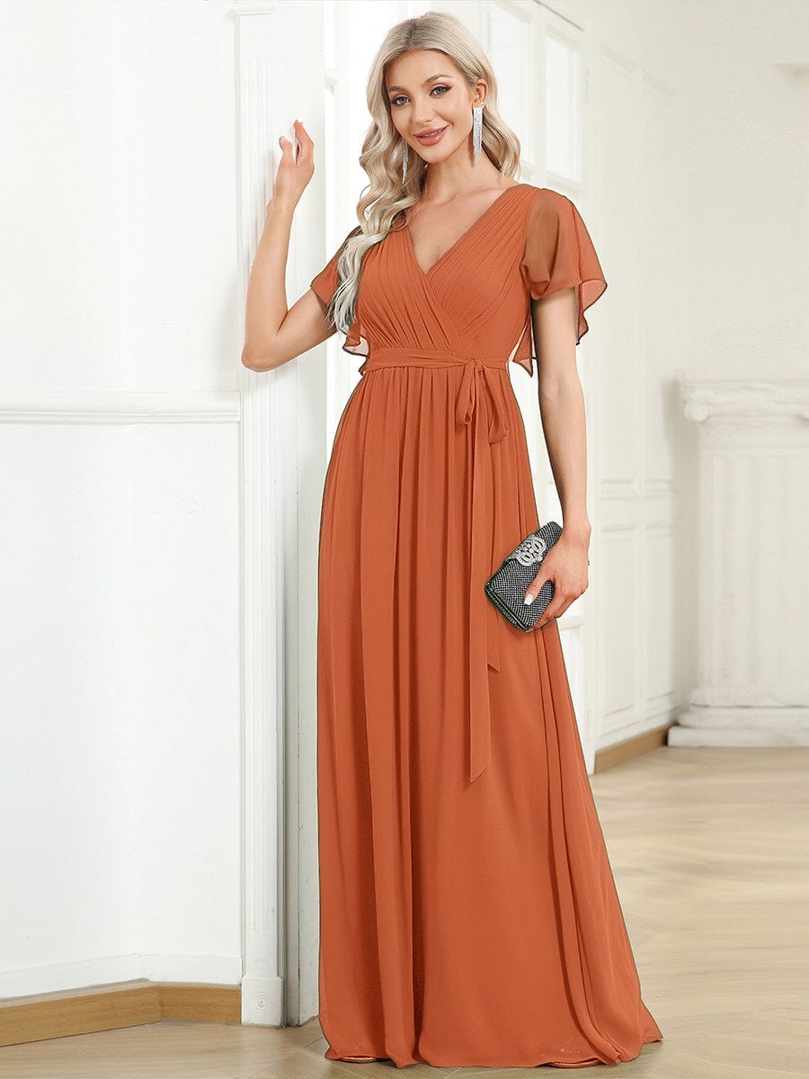 V-Neck Flutter Sleeve Floor-Length A-Line Chiffon Evening Dress #color_Brandied Melon
