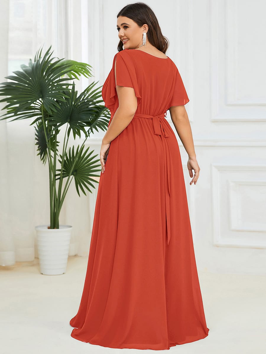 V-Neck Flutter Sleeve Floor-Length A-Line Chiffon Evening Dress #color_Burnt Orange