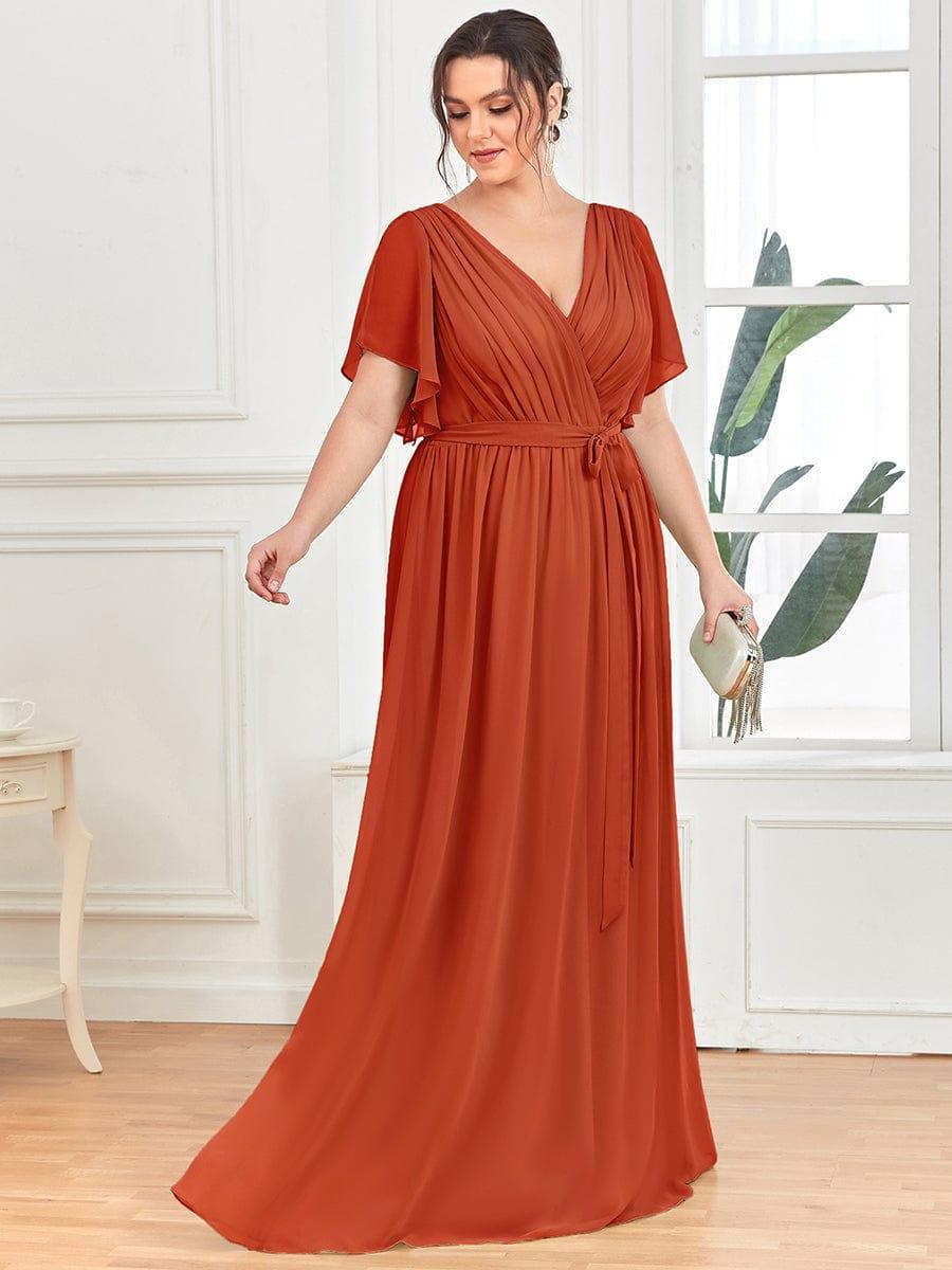 V-Neck Flutter Sleeve Floor-Length A-Line Chiffon Evening Dress #color_Burnt Orange