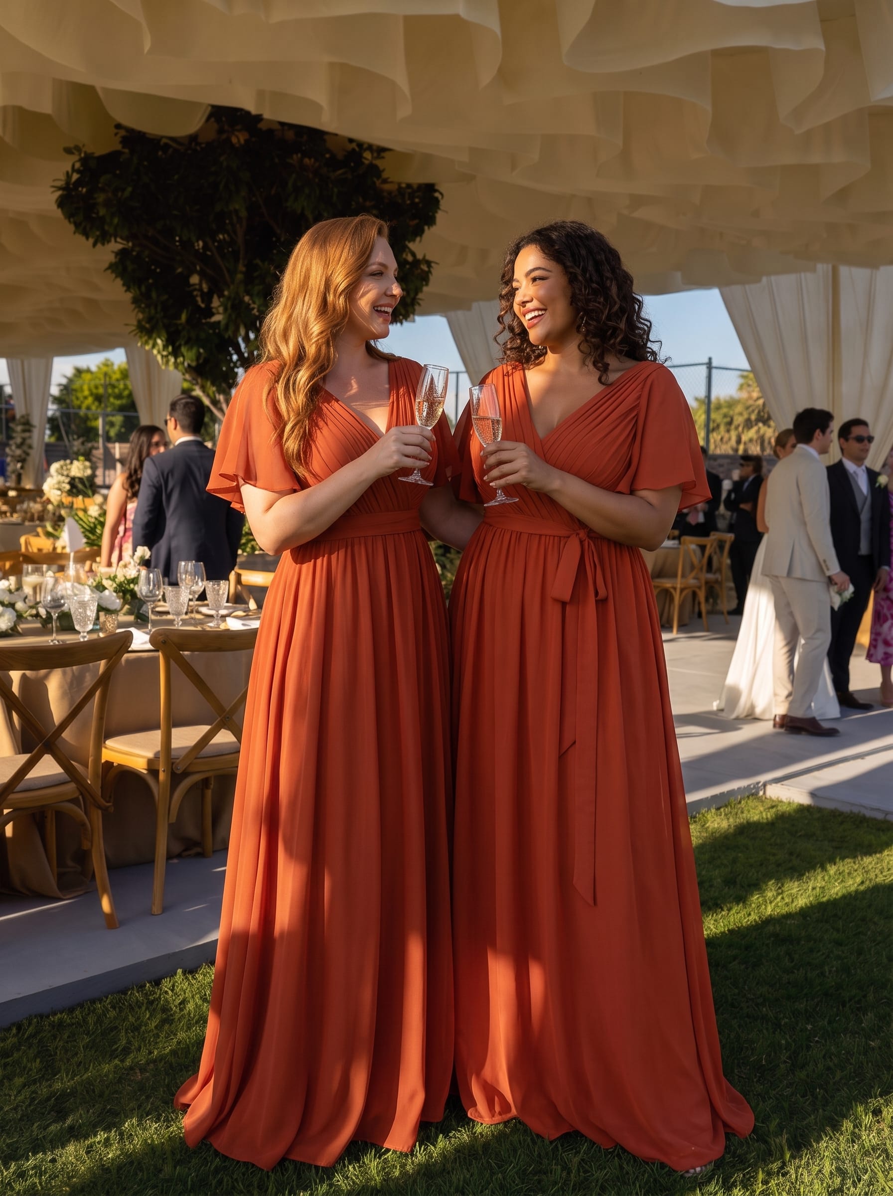 V-Neck Flutter Sleeve Floor-Length A-Line Chiffon Evening Dress #color_Burnt Orange