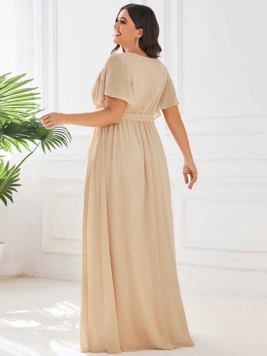 Chiffon Pleated V-Neck Flutter Sleeve Maxi Bridesmaid Dress In Sage Green #color_Champagne