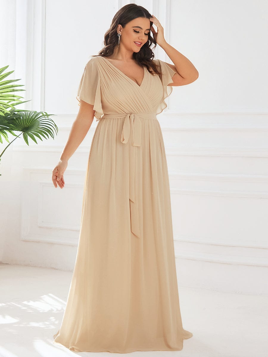 V-Neck Flutter Sleeve Floor-Length A-Line Chiffon Evening Dress #color_Champagne