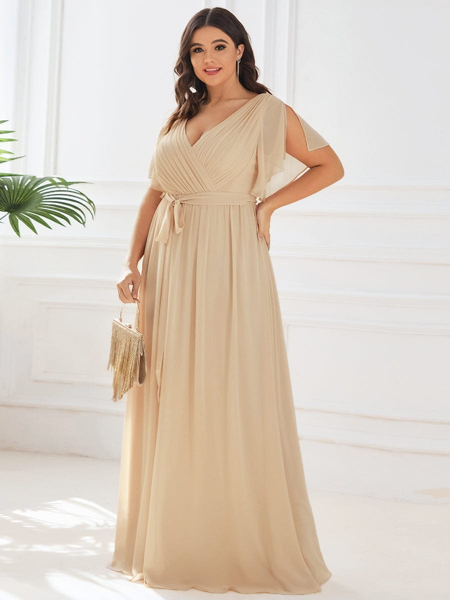 Chiffon Pleated V-Neck Flutter Sleeve Maxi Bridesmaid Dress In Sage Green #color_Champagne