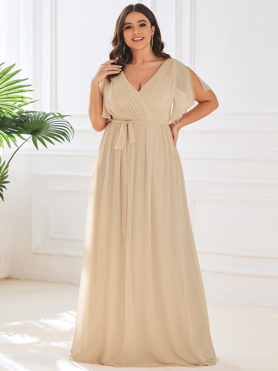 Chiffon Pleated V-Neck Flutter Sleeve Maxi Bridesmaid Dress In Sage Green #color_Champagne