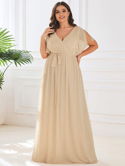 V-Neck Flutter Sleeve Floor-Length A-Line Chiffon Evening Dress #color_Champagne