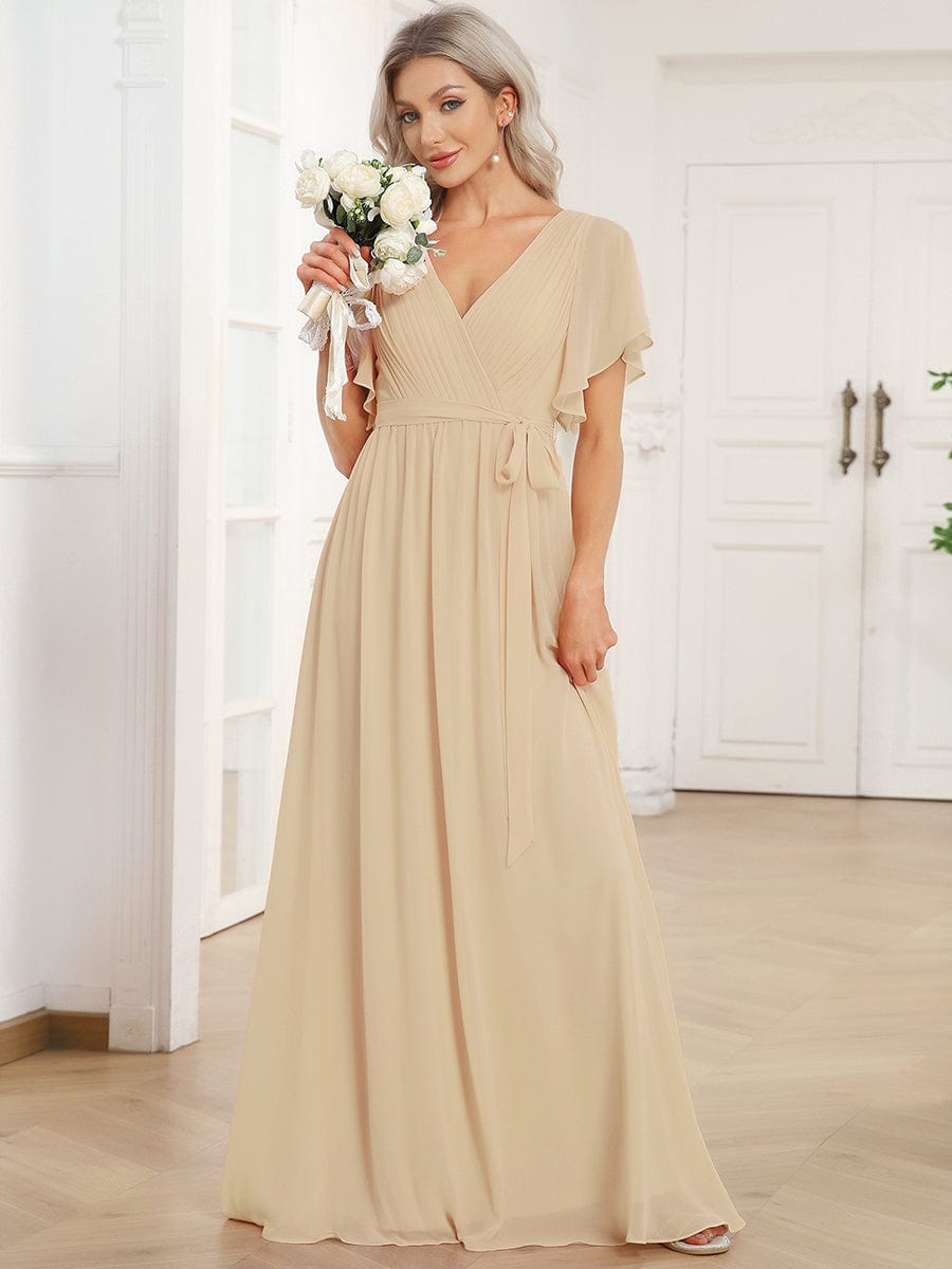 Chiffon Pleated V-Neck Flutter Sleeve Maxi Bridesmaid Dress In Sage Green #color_Champagne