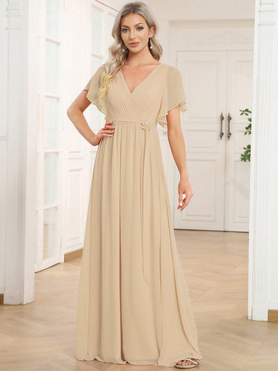 Chiffon Pleated V-Neck Flutter Sleeve Maxi Bridesmaid Dress In Sage Green #color_Champagne