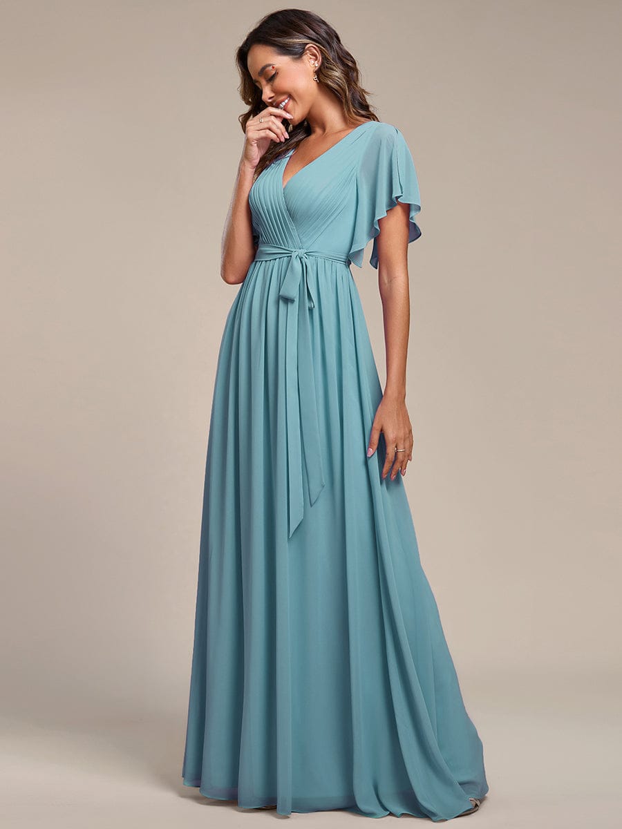 A-Line Pleated Chiffon Tie-Waist Bridesmaid Dress #color_Light Teal